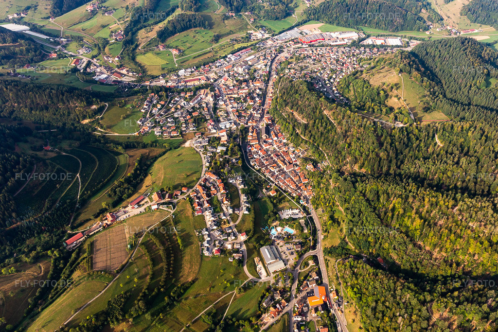 Luftbild: Ortsansicht der Straßen und Häuser der Wohngebiete in Oppenau im Bundesland Baden-Württemberg in Deutschland. Foto: IMG_008863.jpg vom 20.09.2020 durch Werner Riehm/FLY-FOTO.de
