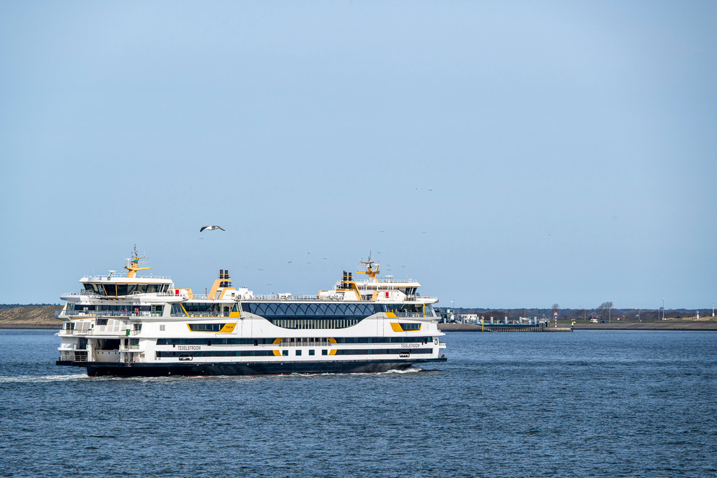 Überfahrt | Das Foto zeigt die moderne Fähre „Texelstroom“ (im neuen Outfit) der Reederei TESO bei der Überfahrt auf ruhiger, blauer See unter einem klaren, hellblauen Himmel. Das Schiff ist in den charakteristischen Farben Weiß und Gelb gehalten und fällt durch seine markante, großflächige Verglasung im mittleren Bereich auf. Im Hintergrund ist die flache Küstenlinie der niederländischen Insel Texel mit Dünen und Hafeneinfahrt zu erkennen. Ein einzelner Vogel fliegt oberhalb des Schiffes durch das Bild. - Realisiert mit Pictrs.com