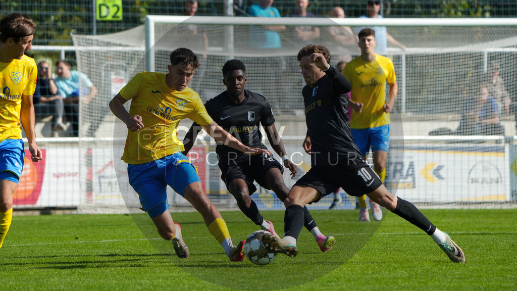 Fußball, Herren, Saison 2025/2026, Regionalliga Nordost, 10. Spieltag, FSV 63 Luckenwalde vs. BSG Chemie Leipzig, Samstag 27.09.2025, Werner-Seelenbinder-Stadion Luckenwalde, | Fußball, Herren, Saison 2025/2026, Regionalliga Nordost, 10. Spieltag, FSV 63 Luckenwalde vs. BSG Chemie Leipzig, Samstag 27.09.2025, Werner-Seelenbinder-Stadion Luckenwalde, Im Bild: v.l. Mike Bachmann (Luckenwalde), Jean Marie Bertrand Nadjombe (Chemie) und Fynn Seidel (Chemie) - Realisiert mit Pictrs.com