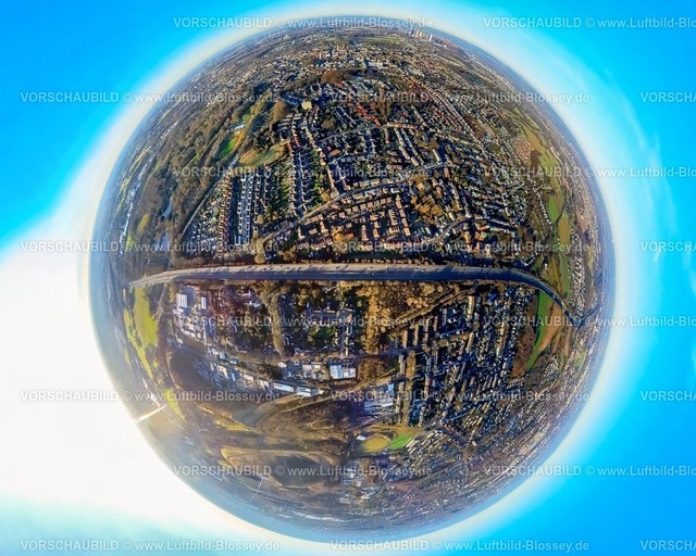 Gladbeck240190227A2 | Luftbild, Ortsansicht mit BAB Autobahn A2, Wohngebiet Horster Straße, Gewerbegebiet Europastraße, Erdkugel, Fisheye Aufnahme, Fischaugen Aufnahme, 360 Grad Aufnahme, tiny world, little planet, fisheye Bild, Butendorf, Gladbeck, Ruhrgebiet, Nordrhein-Westfalen, Deutschland