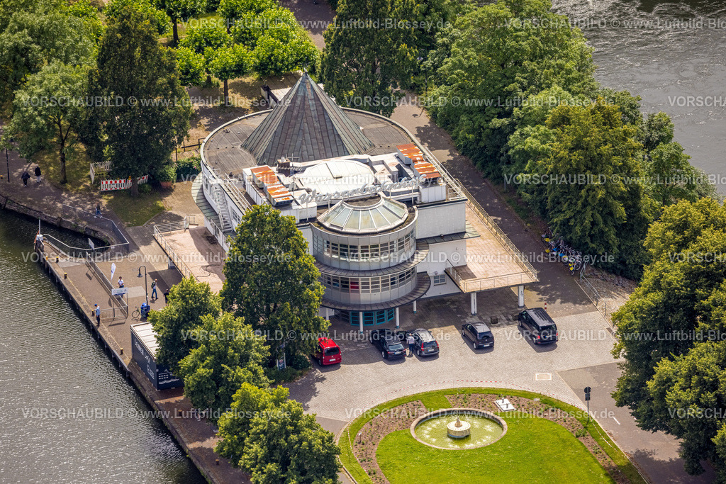 Muelheim240703154 | Luftbild, Wasserbahnhof Restaurant mit Biergarten Gastronomie auf der Schleuseninsel, Altstadt I - Südwest, Mülheim an der Ruhr, Ruhrgebiet, Nordrhein-Westfalen, Deutschland