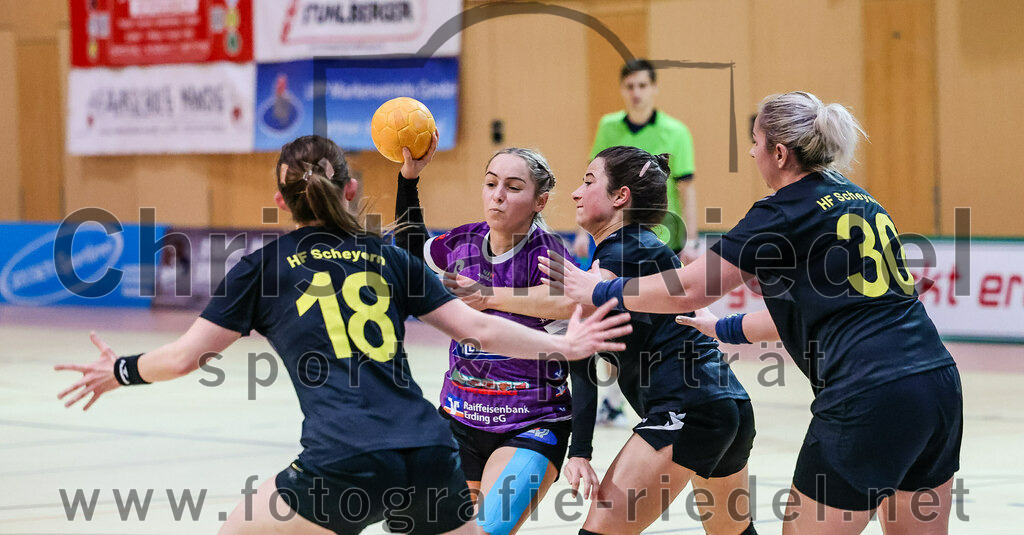 2023-12-17_035_SpVgg_Altenerding_II_gegen_HF_Scheyern | Erding, Deutschland, 17.12.2023:
Handball, Bezirksliga Frauen Altbayern 2023 / 2024, 9. Spieltag, SpVgg Altenerding II gegen HF Scheyern, Endergebnis: 22:26

Elena Schenkel (HF Scheyern, #18), Lena Prem (SpVgg Altenerding, #6), Lieselotte Landskron (HF Scheyern, #11), Amalia Moldovan (HF Scheyern, #30)

Foto: Christian Riedel / fotografie-riedel.net