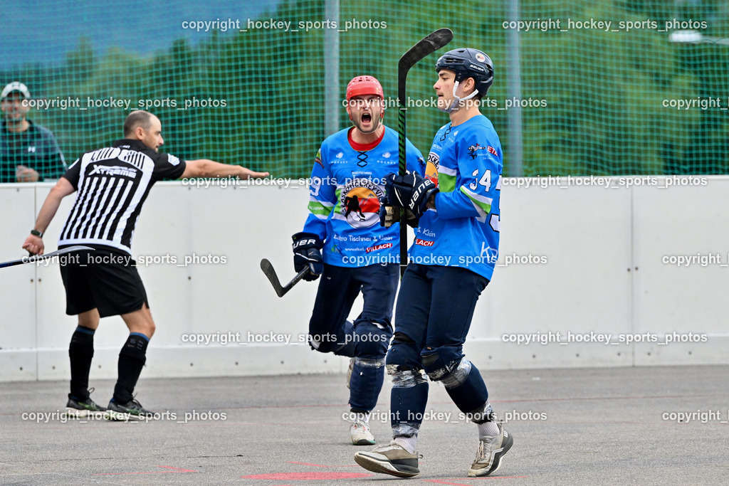 ASKÖ Hockey Villach vs. VAS Ballhockey  | Kummer Stefan Referee, #69 FELDBAUMER Manuel ASKÖ Villach Hockey, #34 PRODINGER Dominik ASKÖ Villach Hockey, Jubel ASKÖ Hockey Villach, ASKÖ Hockey Villach vs. VAS Ballhockey , ASKÖ Hockey Villach vs. VAS Ballhockey  am 06.07.2025 in Villach (Alpen Arena ), Austria, (Photo by Bernd Stefan)