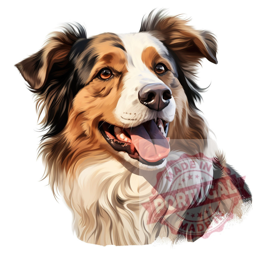Australian Shepherd dog portrait panting on white background | Professional artful dog portraits Australian Shepherd dog with tri-color fur looking happy and panting - Realized with Pictrs.com