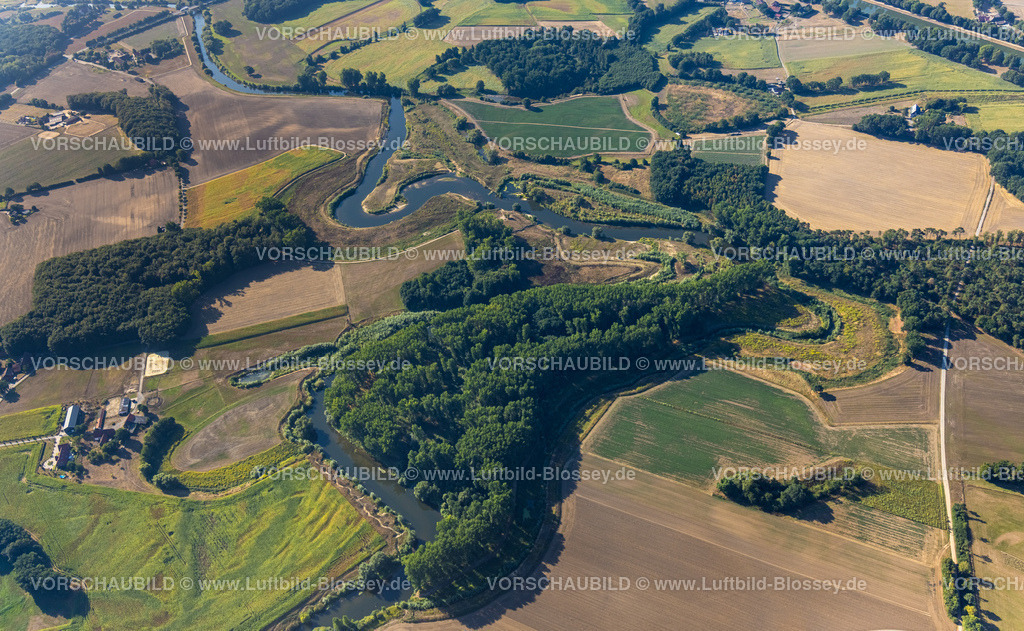 Olfen220805785LippeVogelsang | Luftbild, Fluss Lippe Mäander, Lippeschleife, Fluss- und Auenentwicklung der Lippe Vogelsang, Renaturierung, Stadtgrenze Olfen-Datteln, Olfen-Kirchspiel, Olfen, Ruhrgebiet, Nordrhein-Westfalen, Deutschland