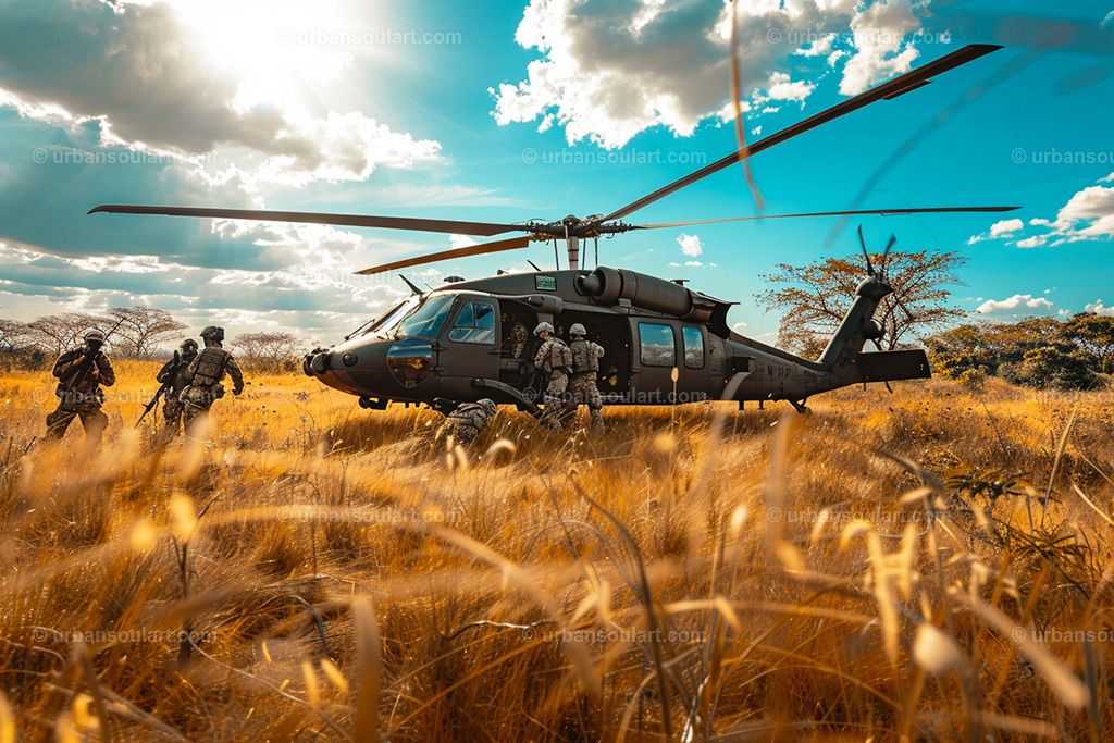 Helicopter With Soldiers In Savannah | A dynamic portrayal of soldiers boarding a helicopter in a golden savannah landscape. Perfect for military enthusiasts or adventure lovers, this artwork brings action and an adventurous spirit to your space. - Realisiert mit Pictrs.com