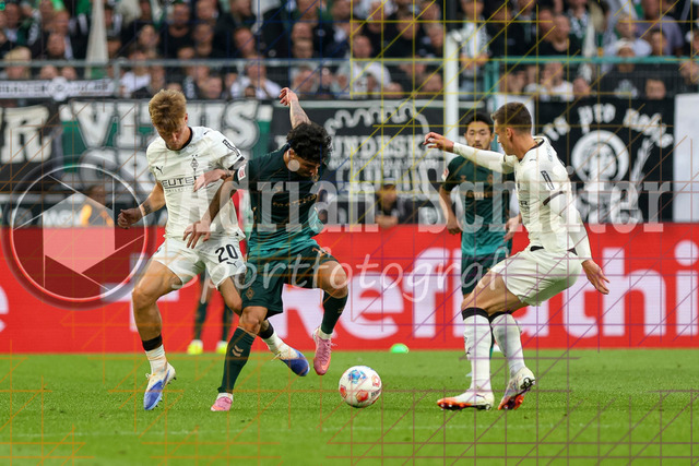 Borussia Mönchengladbach vs SV Werder Bremen - Bundesliga  | Mönchengladbach, Deutschland, 14.09.25:   Luca Netz (Borussia Mönchengladbach) und Cameron Michel Puertas Castro (SV Werder Bremen) im Kampf um den Ball waehrend des Spiels der Bundesliga zwischen Borussia Mönchengladbach vs SV Werder Bremen im Stadion im Borussia Park(Foto von Brauer-Fotoagentur / Adrian Schlueter)