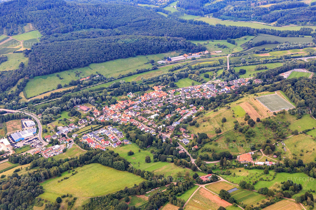 Luftbild: Ortsansicht von Südwesten im Ortsteil Queichhambach in Annweiler im Bundesland Rheinland-Pfalz in Deutschland. Foto: IMG_128481.jpg vom 21.08.2021 durch Werner Riehm/FLY-FOTO.de