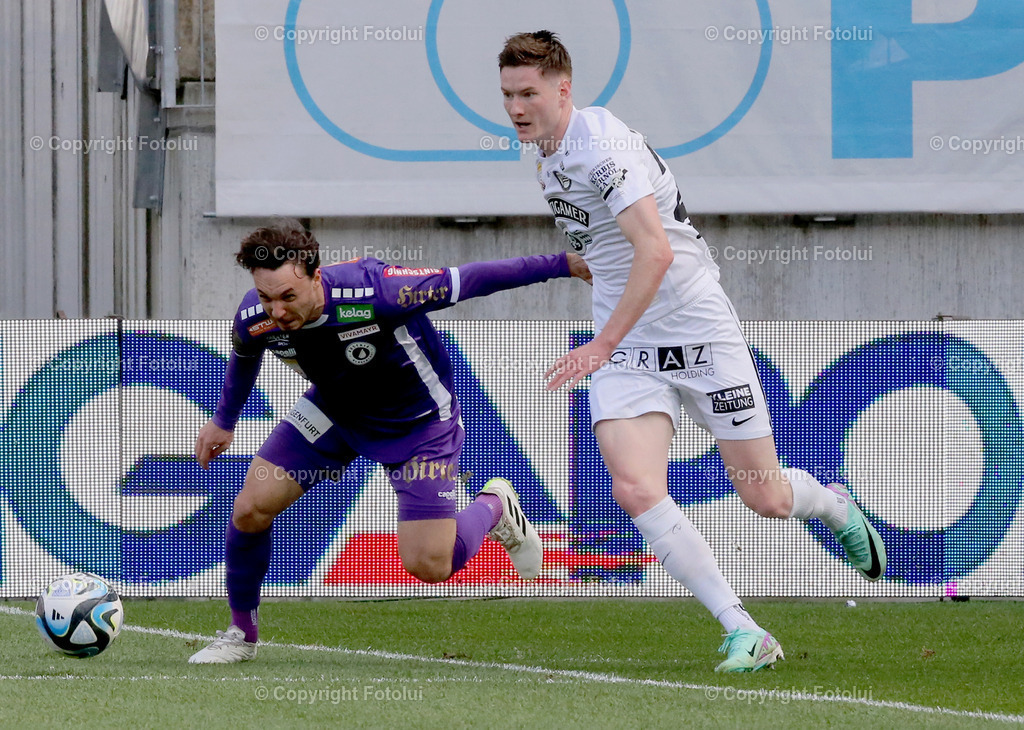 A_LUI_17032024_04 | SPORT,FUSSBALL, ADMIRAL BUNDESLIGA AUSTRIA KLAGENFURT-SK STURM GRAZ  17.03.2024 IM BILD: SIMON STRAUDI  (KLAGENFURT) UND DAVID SCHNEGG (STURM GRAZ) FOTO:FOTOLUI/MW