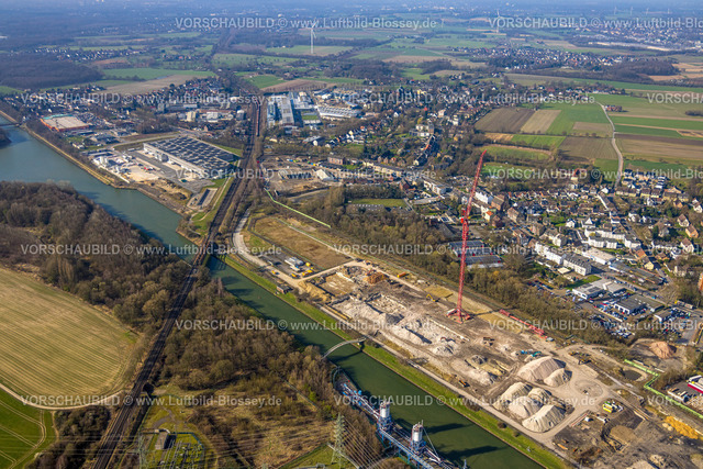 Datteln240300032EON-Kraftwerk | Luftbild, Baugelände und Baukran am ehemaligen EON Kraftwerk Datteln Block 1-3, Ortsansicht Wohngebiet Dümmer und Meckinghoven,  Eisenbahnlinie mit Brücke über den Dortmund-Ems-Kanal, Dümmer, Datteln, Ruhrgebiet, Nordrhein-Westfalen, Deutschland