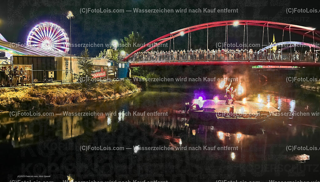 0544_Luftbild_VOLKSFEST-Wlbg_InselFeuer-Show | (C)FotoLois.com, Alois Spandl, Luftbild, Wieselburger VOLKSFEST neu, Feuershow auf der Erlaufinsel unter den Brücken, Do 29. Juni 2023.