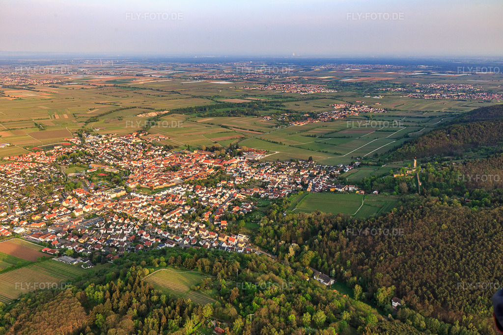Luftbild: Stadtansicht aus Norden mit Wachtenburg (Ruine Burg Wachenheim) in Wachenheim an der Weinstraße im Bundesland Rheinland-Pfalz in Deutschland. Foto: IMG_106779.jpg vom 21.04.2018 durch Werner Riehm/FLY-FOTO.de