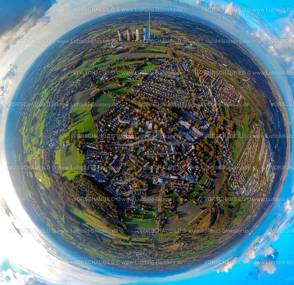 Hamm231190068HerringenFangstrasse-topaz | Luftbild, Ortsansicht Wohngebiet Herringen Fangstraße umgeben von herbstlichen Laubbäumen, RWE Generation SE Kraftwerk Gersteinwerk, Erdkugel, Fisheye Aufnahme, Fischaugen Aufnahme, 360 Grad Aufnahme, tiny world, little planet, fisheye Bild, Stadtbezirk Herringen, Hamm, Ruhrgebiet, Nordrhein-Westfalen, Deutschland