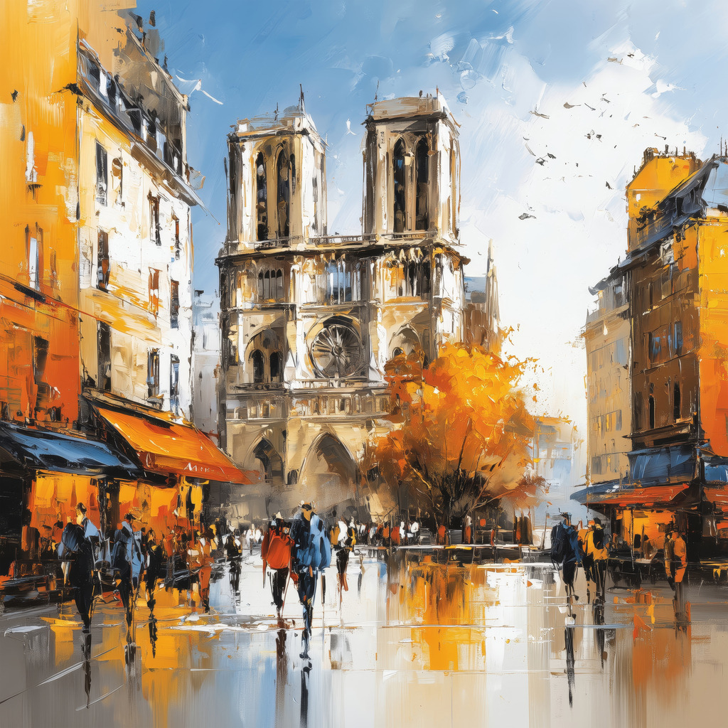 2507016 - Notre-Dame de Paris | Stadtansicht mit Blick auf die Kathedrale von Notre-Dame. Malerisch umgesetzt mit lockerer Pinselführung und warmen Herbsttönen. Ein atmosphärisches Paris-Motiv mit städtischer Lebendigkeit und klassischem Charme.