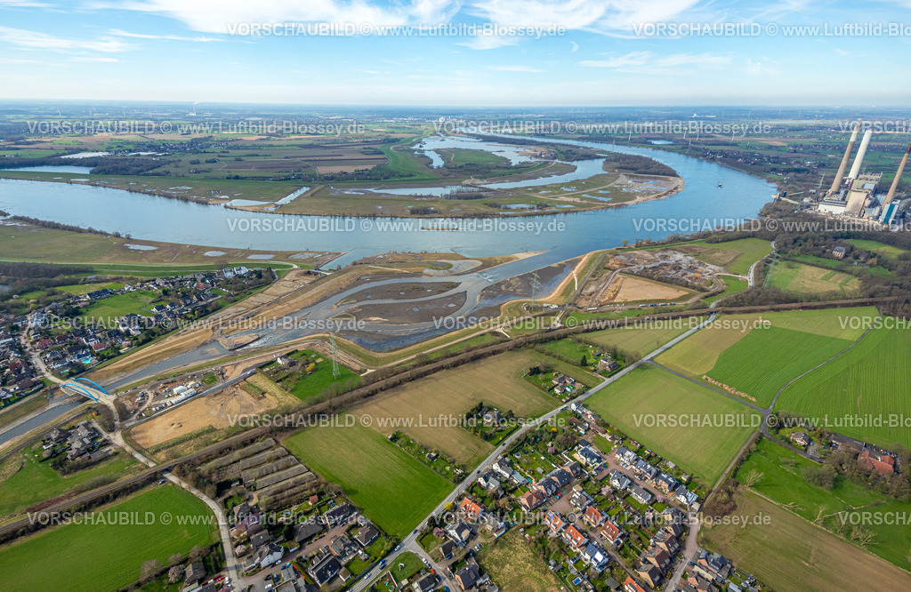 Dinslaken240309012 | Luftbild, Neue Emschermündung in den Fluss Rhein, blaue Brücke Hagelstraße, Eppinghoven, Dinslaken, Nordrhein-Westfalen, Deutschland