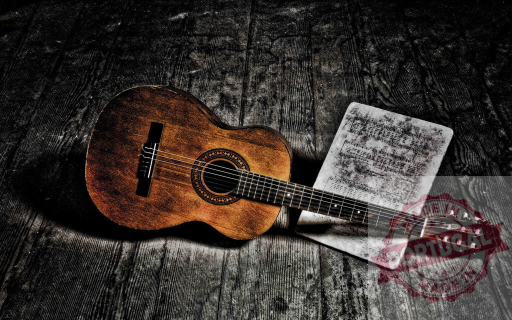 Acoustic guitar and music sheet resting on wooden floor | Classical guitar and sheet music lying on a grunge wooden floor, creating a nostalgic and evocative musical atmosphere - Realisiert mit Pictrs.com