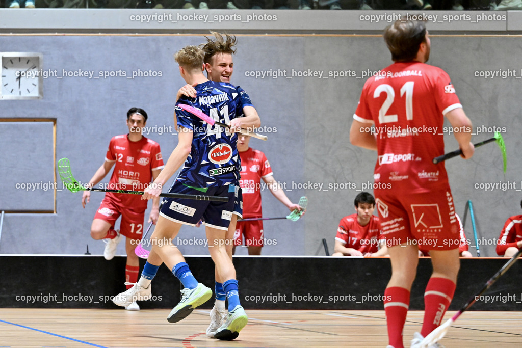 KAC Floorball vs. VSV Unihockey | #21 Tobias Grabner KAC Floorball, Jubel VSV Unihockey, #41 Rok Kopavnik VSV Unihockey, #59 Nino Forelli VSV Unihockey, KAC Floorball vs. VSV Unihockey, KAC Floorball vs. VSV Unihockey am 21.03.2026 in Klagenfurt (Ballspielhalle Waidmannsdorf), Austria, (Photo by Bernd Stefan)