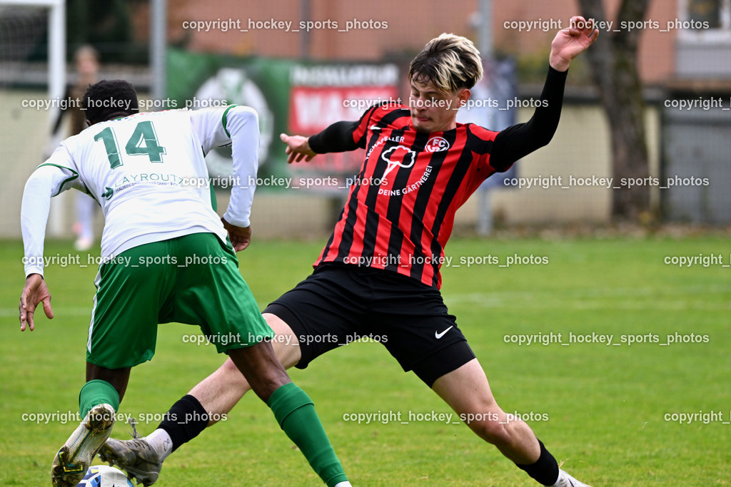 SV Donau vs. FC Nussdorf Debant | #14 Boyo Jarjue SV Donau, #13 Maximilian Rauter FC Nussdorf Debant, SV Donau vs. FC Nussdorf Debant, SV Donau vs. FC Nussdorf Debant am 08.11.2025 in Klagenfurt (Sportplatz Donau), Austria, (Photo by Bernd Stefan)