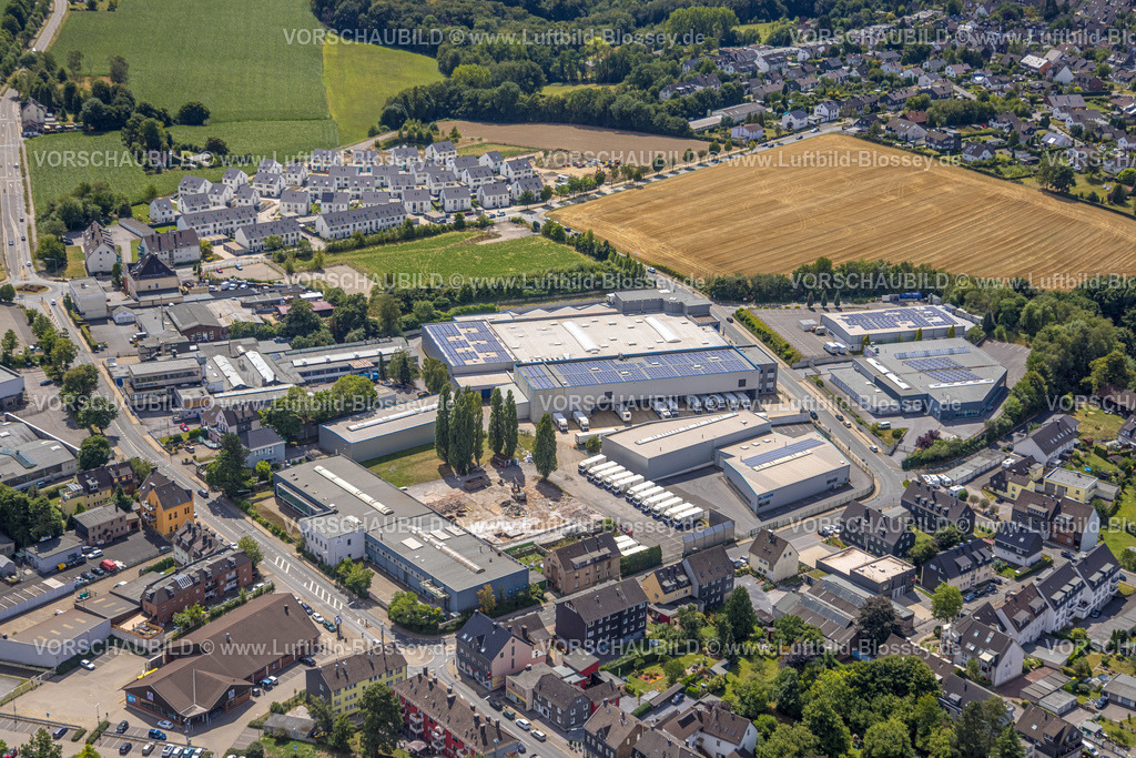 Velbert220803466 | Luftbild, Gewerbegebiet Wülfrather Straße, Wimmersberger Südblick Bauprojekt, Ovale Neubau Wohnsiedlung Hannah-Arendt-Straße, Velbert, Ruhrgebiet, Nordrhein-Westfalen, Deutschland