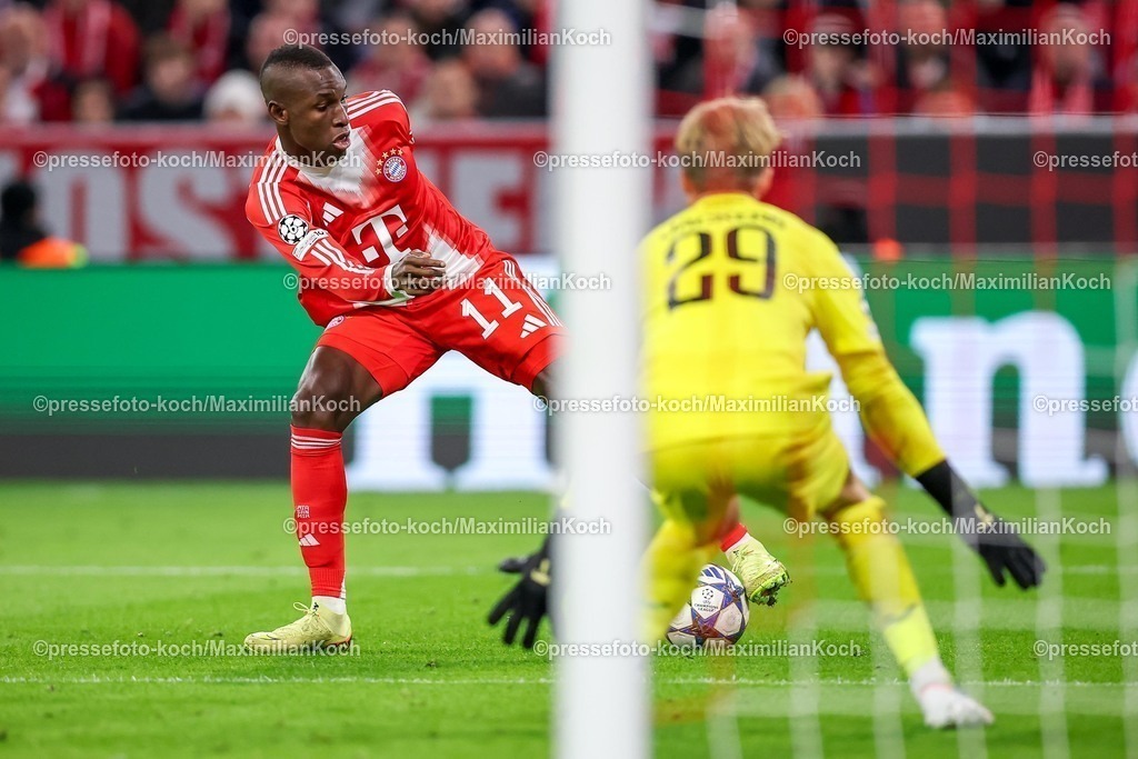 UCL22102501101 | 22.10.2025, Fußball, UEFA Champions League, FC Bayern München - Club Brügge, Allianz Arena, Saison 2025 2026: Nicolas Jackson&nbsp;(FC Bayern Muenchen #11) Schießt auf das Tor von Torwart Nordin Jackers&nbsp;(Club Bruegge #29) Regulations prohibit any use of photographs as image sequences and or quasi-video.