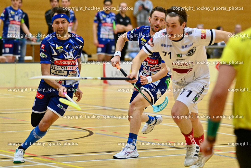 VSV Unihockey vs. KAC Floorball | #14 Michael Klemm VSV Unihockey, #71 Christoph Platzer KAC Floorball, #5 Michael Kanduth VSV Unihockey, VSV Unihockey vs. KAC Floorball, VSV Unihockey vs. KAC Floorball am 28.03.2026 in Villach (Ballspielhalle St. Martin), Austria, (Photo by Bernd Stefan)