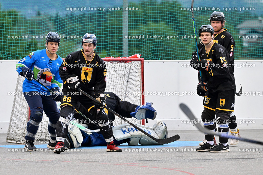 ASKÖ Hockey Villach vs. VAS Ballhockey  | #13 SCHARF Nikolas ASKÖ Villach Hockey, #66 Hintermann Daniel VAS Villach, #70 Moser Lukas VAS Villach, #75 Wohlfahrt Benedikt VAS Villach, #97 Pirsch Christoph VAS Villach, ASKÖ Hockey Villach vs. VAS Ballhockey , ASKÖ Hockey Villach vs. VAS Ballhockey  am 06.07.2025 in Villach (Alpen Arena ), Austria, (Photo by Bernd Stefan)