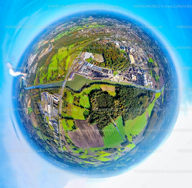 Luenen241190561StadthafenDatteln-Hamm-Kanal | Luftbild, Stadthafen Lünen und Kanalbrücke Dortmunder Straße, Aurubis AG und Tanklager am Datteln-Hamm-Kanal, links das Trianel Kohlekraftwerk Lünen mit dampfender Rauchwolke, Erdkugel, Fisheye Aufnahme, Fischaugen Aufnahme, 360 Grad Aufnahme, tiny world, little planet, fisheye Bild, Lippholthausen, Lünen, Ruhrgebiet, Nordrhein-Westfalen, Deutschland