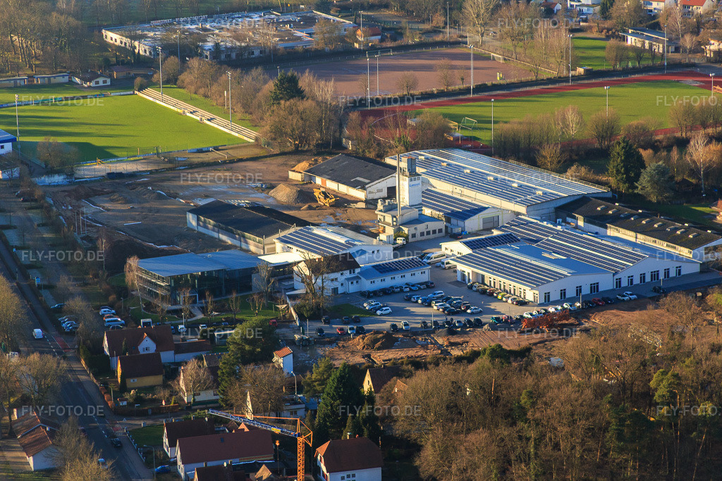 Luftbild: Quartier Lanzet von Osten mit Hagebau Kompakt - Gillet Baustoffe GmbH in Herxheim bei Landau im Bundesland Rheinland-Pfalz in Deutschland. Foto: IMG_076485.jpg vom 05.01.2015 durch Werner Riehm/FLY-FOTO.deGillet Webseite