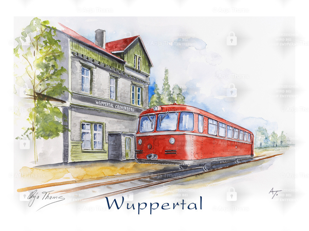 Samba-Schienenbus in Wuppertal-Cronenberg | Die Sambatrasse durch das Burgholz nach Cronenberg bestand bis 1988. Der restaurierter Samba-Schienenbus ist heute mitten in Cronenberg zu bewundern. - Realisiert mit Pictrs.com