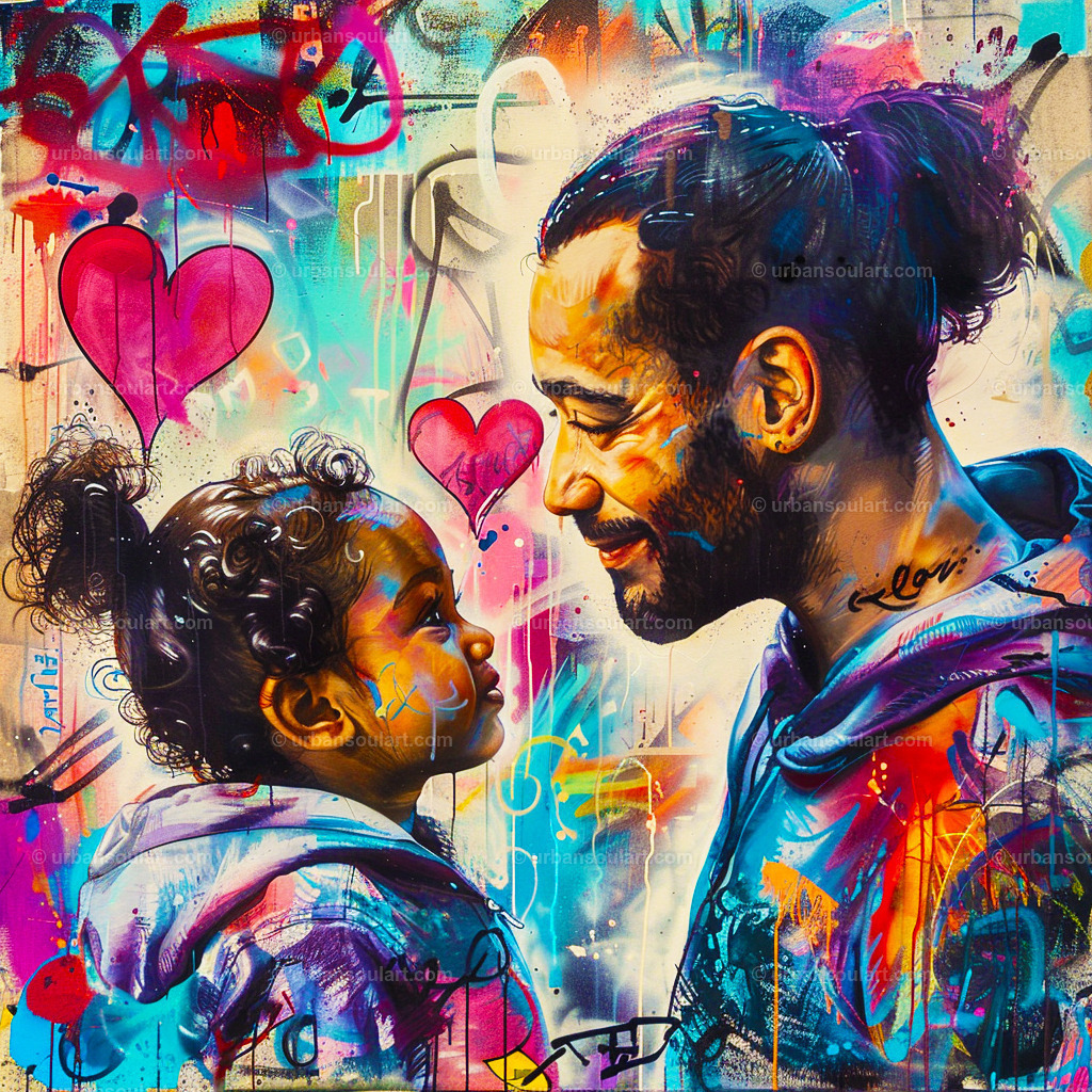 Daughter Looking Up To his Smiling Dad | A touching, colorful artwork of a young girl gazing up at her smiling father. Perfect for family spaces, bringing a sense of love, admiration, and connection. - Realisiert mit Pictrs.com