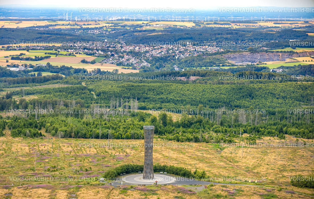 Warstein240713062LoermeckeTurm | Luftbild, Lörmecke-Turm, Aussichtsturm im Plackwald, Blick nach Warstein und Windräder Windpark im Hintergrund, Warstein, Sauerland, Nordrhein-Westfalen, Deutschland