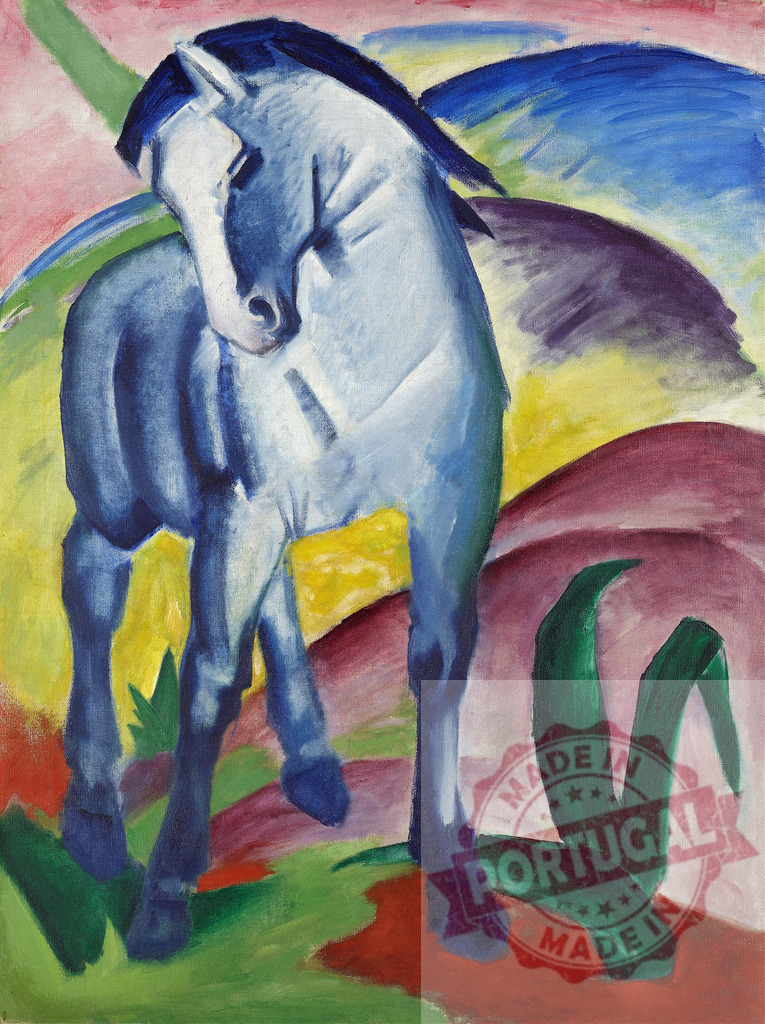 Franz Marc Blue Horse I expressionist painting | Blue horse standing in a colorful abstract landscape showing German Expressionism art movement - Realized with Pictrs.com