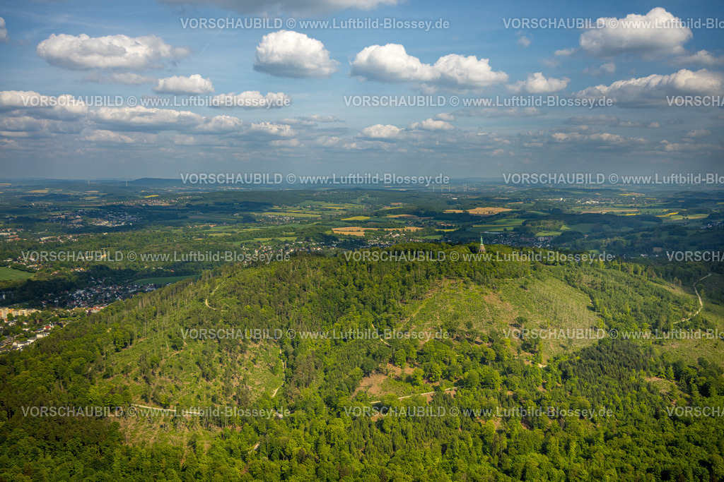 Detmold240505618TeutoburgerWald | Luftbild, Hermannsdenkmal, kulturelle Statue des Cheruskerfürsten, nach Entwürfen von Ernst von Bandel, Berg Grotenburg, Waldschäden, Fernsicht und blauer Himmel mit Wolken, Teutoburger Wald, Hiddesen, Detmold, Ostwestfalen, Nordrhein-Westfalen, Deutschland