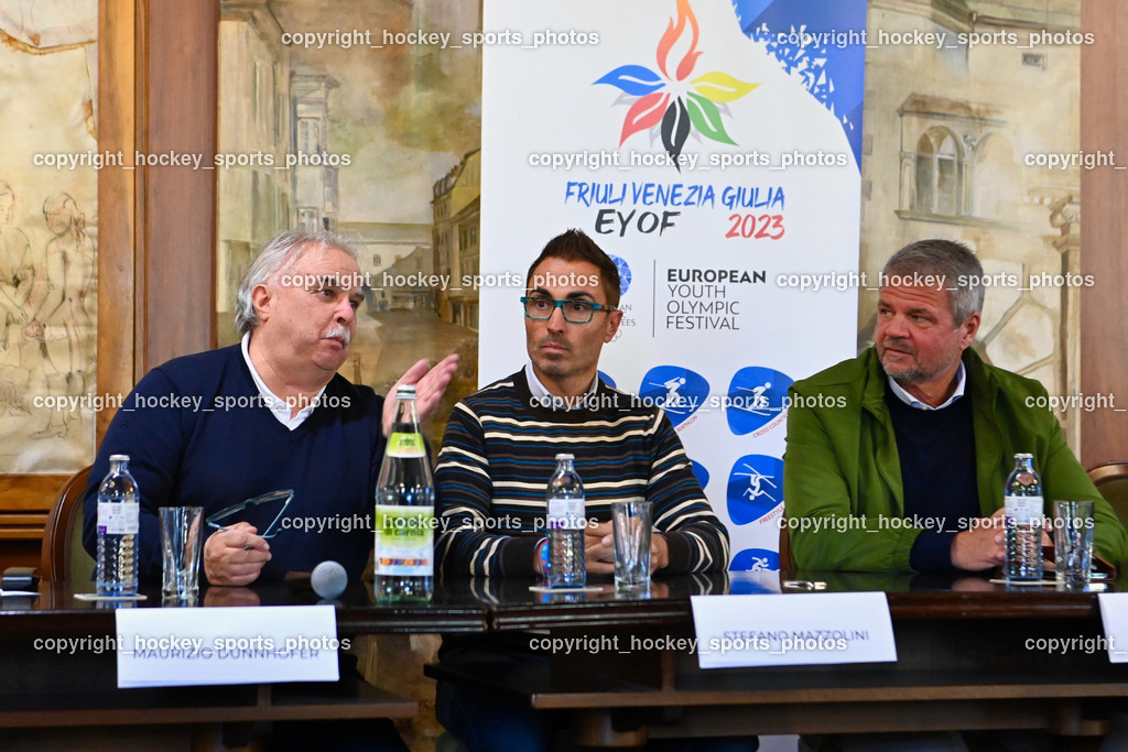 European Youth Olympic Festival EYOF 2023 Pressekonferenz | Maurizio Dunnhofer, Stefano Mazzolini, Bürgermeister Spittal an der Drau Gerhard Köfer,