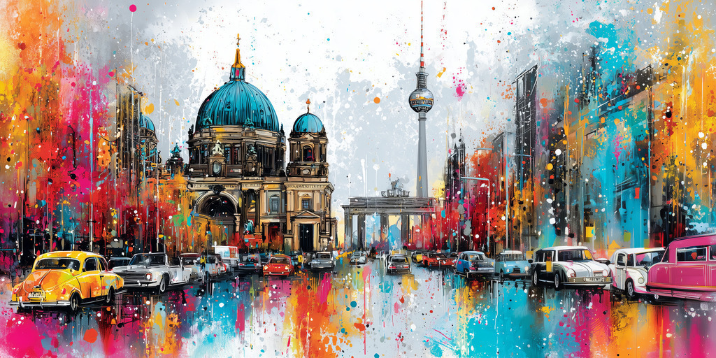 2507012 - Buntes Berlin Pop Art | Der Berliner Dom, Brandenburger Tor und Fernsehturm treffen auf eine dynamische Farbkomposition mit Anklängen an Street Art und expressive Malerei.