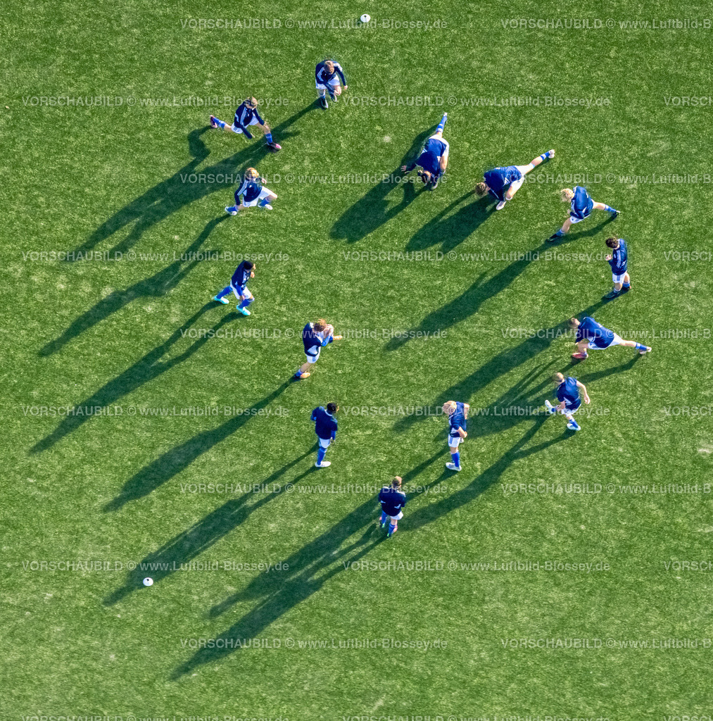 Gelsenkirchen221102215noerdlich | Luftbild, Fußballspieler Training, Trainingsplatz der VELTINS-Arena, Bundesligastadion des Fußballvereins FC Schalke 04, Erle, Gelsenkirchen, Ruhrgebiet, Nordrhein-Westfalen, Deutschland