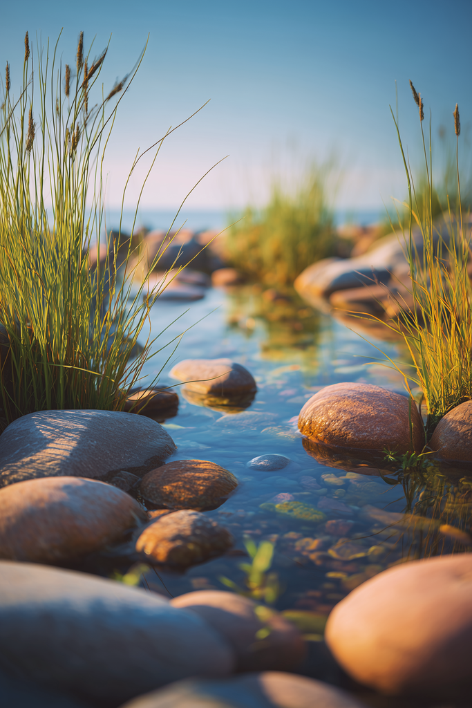 Poster: SOFT HORIZONS – The Perfect Balance – Im Einklang mit mir selbst | Natur Poster mit Steinen im Wasser und ruhiger Landschaft – Motiv The Perfect Balance aus der Kollektion Soft Horizons - Realisiert mit Pictrs.com