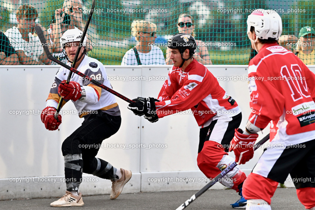 VAS Ballhockey vs. HSC Eagles Poggersdorf | #38 Kravanja Kristian, #4 Kramer Marco, VAS Ballhockey vs. HSC Eagles Poggersdorf, VAS Ballhockey vs. HSC Eagles Poggersdorf am 14.07.2024 in Villach (Alpen Arena ), Austria, (Photo by Bernd Stefan)