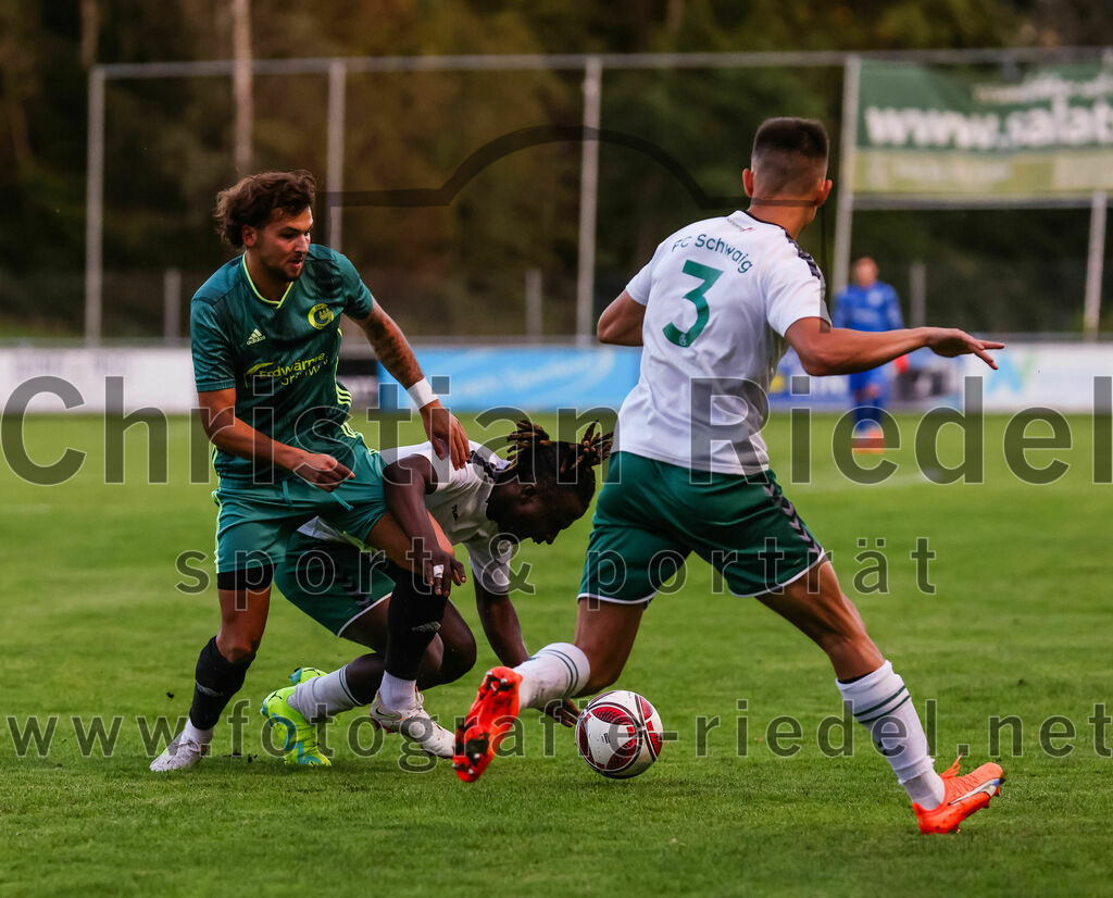 2023-09-01_023_FC_Schwaig_gegen_TSV_Gruenwald | Oberding, Deutschland, 01.09.2023:
Fußball, Landesliga Südost 2023 / 2024, 9. Spieltag, FC Schwaig gegen TSV Grünwald, Endergebnis: 3:1

David Halbich (TSV Grünwald, #10), Bilal Ibrahim (FC Schwaig, #6), Roman Mavdryk (FC Schwaig, #3)

Foto: Christian Riedel / fotografie-riedel.net