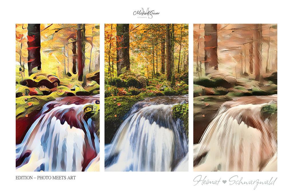 Edition “PHOTO MEETS ART” | Die Edition “PHOTO MEETS ART” ist eine außergewöhnliche Schwarzwald-Bildergalerie für alle Kunstliebhaber. Bei diesen Werken handelt es sich um exklusive Digitalkunst, bei denen mittels künstlicher Intelligenz neue Visualisierungen erschaffen wurden. Das Ergebnis ist eine 3er-Bild-Collage mit der realen Fotografie im Zentrum, flankiert von zwei unterschiedlichen Kunststilen. Natürlich ausschließlich mit Bildern aus dem Schwarzwald! - Realisiert mit Pictrs.com