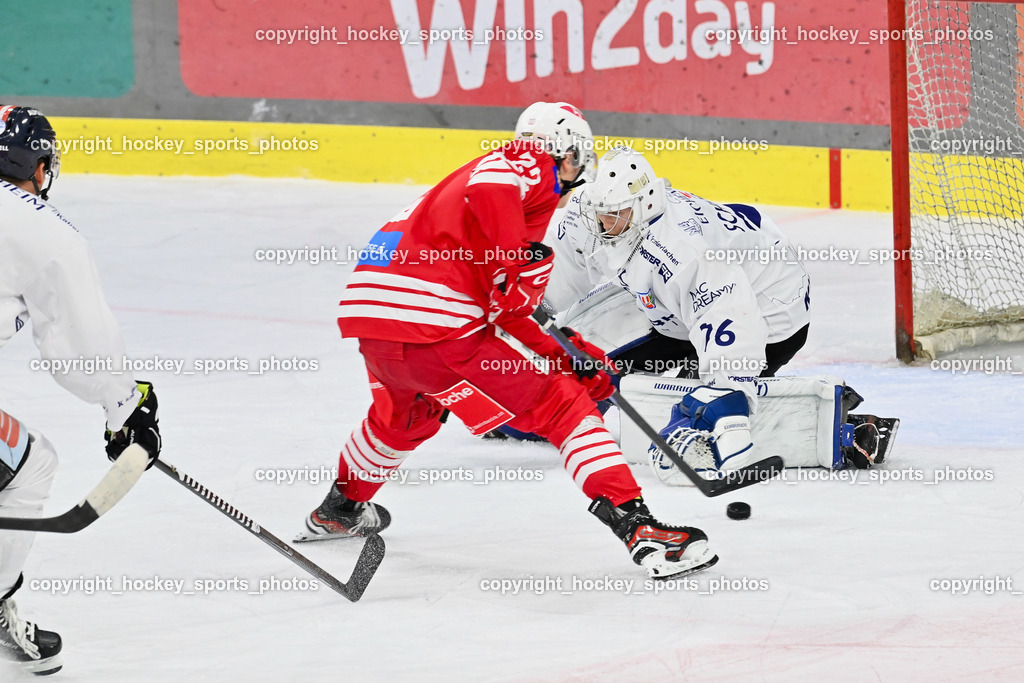 EC KAC Future Team vs. Die Adler Kitzbühl 7.10.2023 | #22 Waschnig Lukas EC KAC FUTURE TEAM, #76 Schubert Thomas EC Kitzbühel, EC KAC Future Team vs. Die Adler Kitzbühl 7.10.2023, EC KAC Future Team vs. Die Adler Kitzbühl am 07.10.2023 in Klagenfurt (Messehalle Klagenfurt), Austria, (Photo by Bernd Stefan)