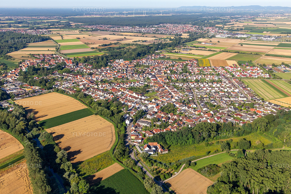 Luftbild: Ortsansicht von Nordosten in Hördt im Bundesland Rheinland-Pfalz in Deutschland. Foto: IMG_142518.jpg vom 09.07.2024 durch Werner Riehm/FLY-FOTO.de
