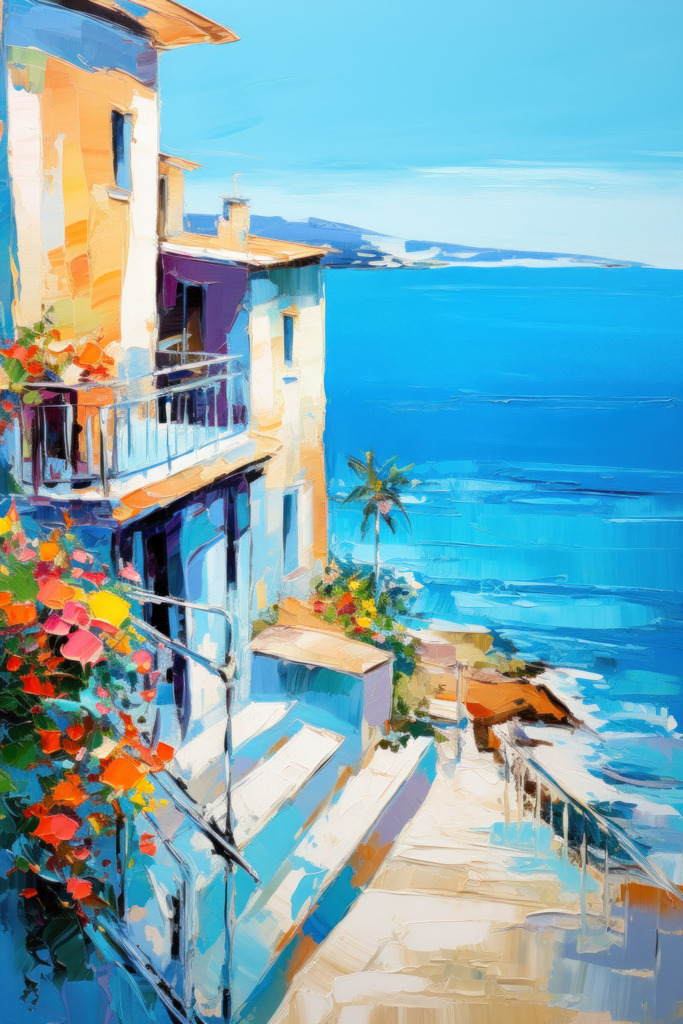 2307012 - Mediterrane Küste | Wunderschöner idyllischer Blick auf das Mittelmeer. Bestellen Sie dieses Motiv als hochwertigen Kunstdruck auf Leinwand, Acrylglas, Alu-Dibond oder als Poster.
Das Bild wurde digital erstellt und hat die Anmutung eines Gemäldes.