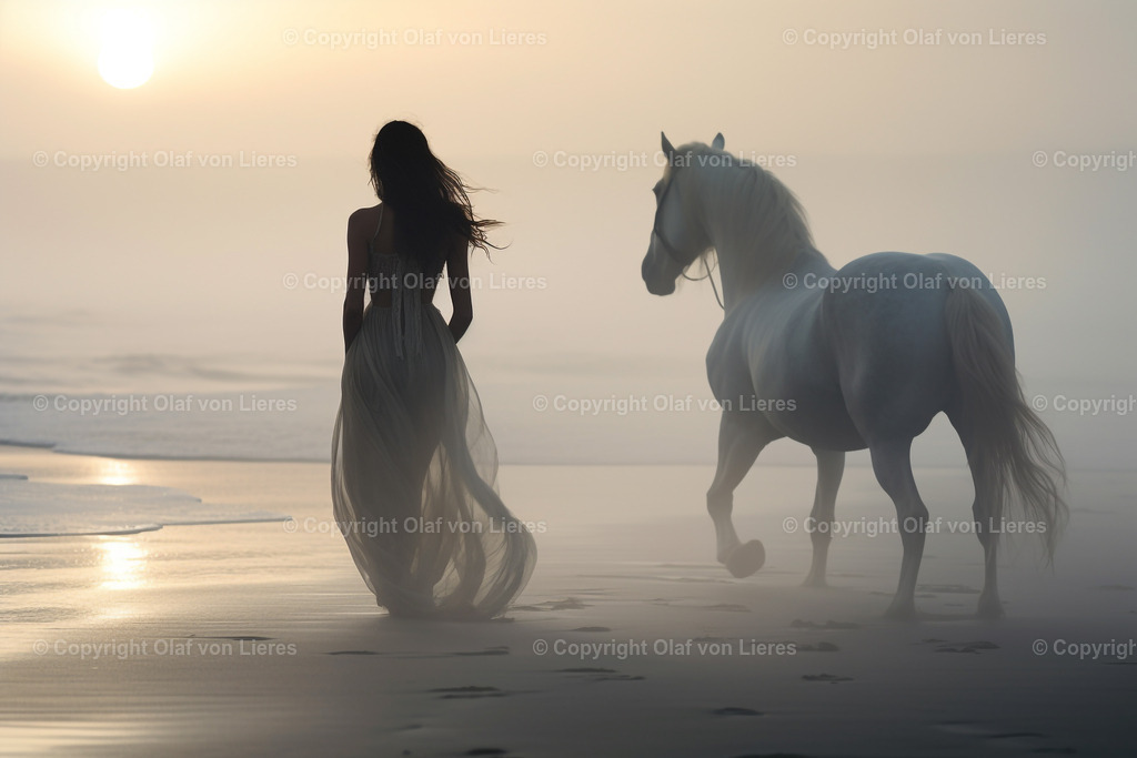 Pferd am Strand | Mädchen mit wehenden Haaren bei Sonnenaufgang mit Pferd am Strand