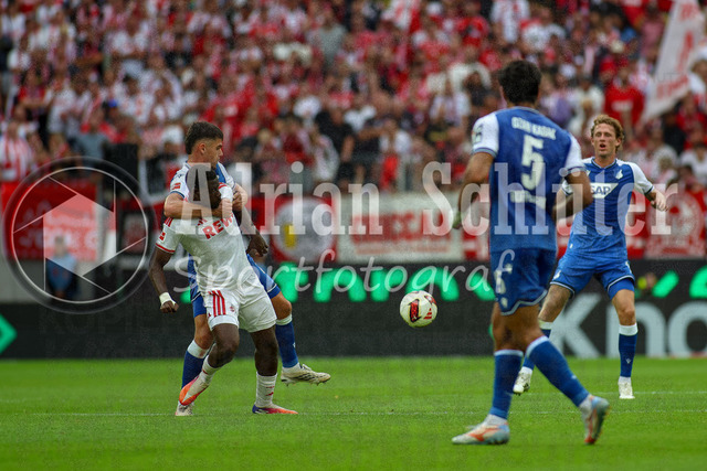29.08.2026, GER, Fussball, Herren, Bundesliga , 1. Bundesliga, Saison 2026/2027, 1. FC Köln - TSG 1899 Hoffenheim | Albian Hajdari (TSG) und Ragnar Ache (KOE) im Kampf um den Ball