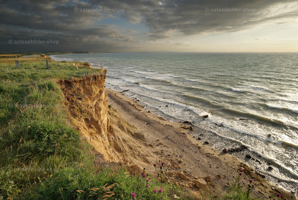 Traumblick vom Steilufer auf die Ostseeküste Ostholsteins | Vom Steilufer schweift der Blick die geschwungene Küstenlinie Ostholsteins entlang zum Horizont. Im Hintergrund zieht eine Regenfront vorbei.