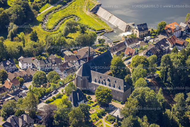 Ennepetal230801511 | Luftbild, Kreuzherrenkloster Steinhaus und kath. Kirche St. Maria Magdalena, am Stausee Beyenburg, Beyenburg, Wuppertal, Ruhrgebiet, Nordrhein-Westfalen, Deutschland