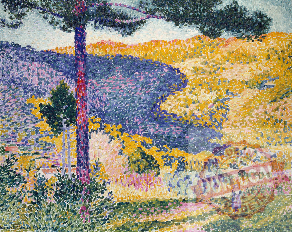 Pointillism painting depicting a landscape in Provence. Henri Edmund Cross | Colorful pointillist landscape painting showing hills, trees, and a lone figure - Realized with Pictrs.com