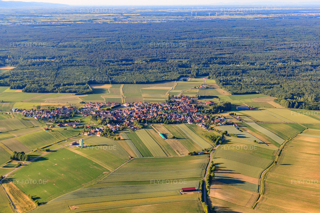 Luftbild: Dorfübersicht aus Süden vor dem Bienwald in Salmbach im Bundesland Bas-Rhin in Frankreich. – Foto: IMG_66673.jpg vom 05.06.2014 durch Werner Riehm/FLY-FOTO.de – Auflösung des Originals: 4649 x 3099 px