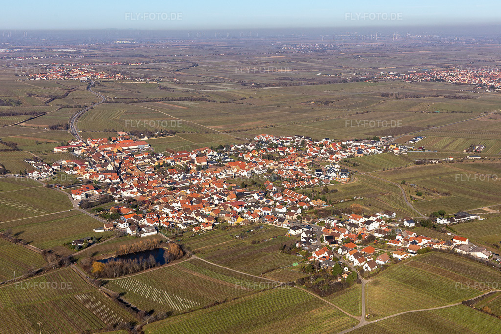 Luftbild: Stadtansicht vom Innenstadtbereich mit dem Stadtrand angrenzend an landwirtschaftliche Feldern in Kallstadt im Bundesland Rheinland-Pfalz in Deutschland. Foto: IMG_125395.jpg vom 21.02.2021 durch Werner Riehm/FLY-FOTO.de